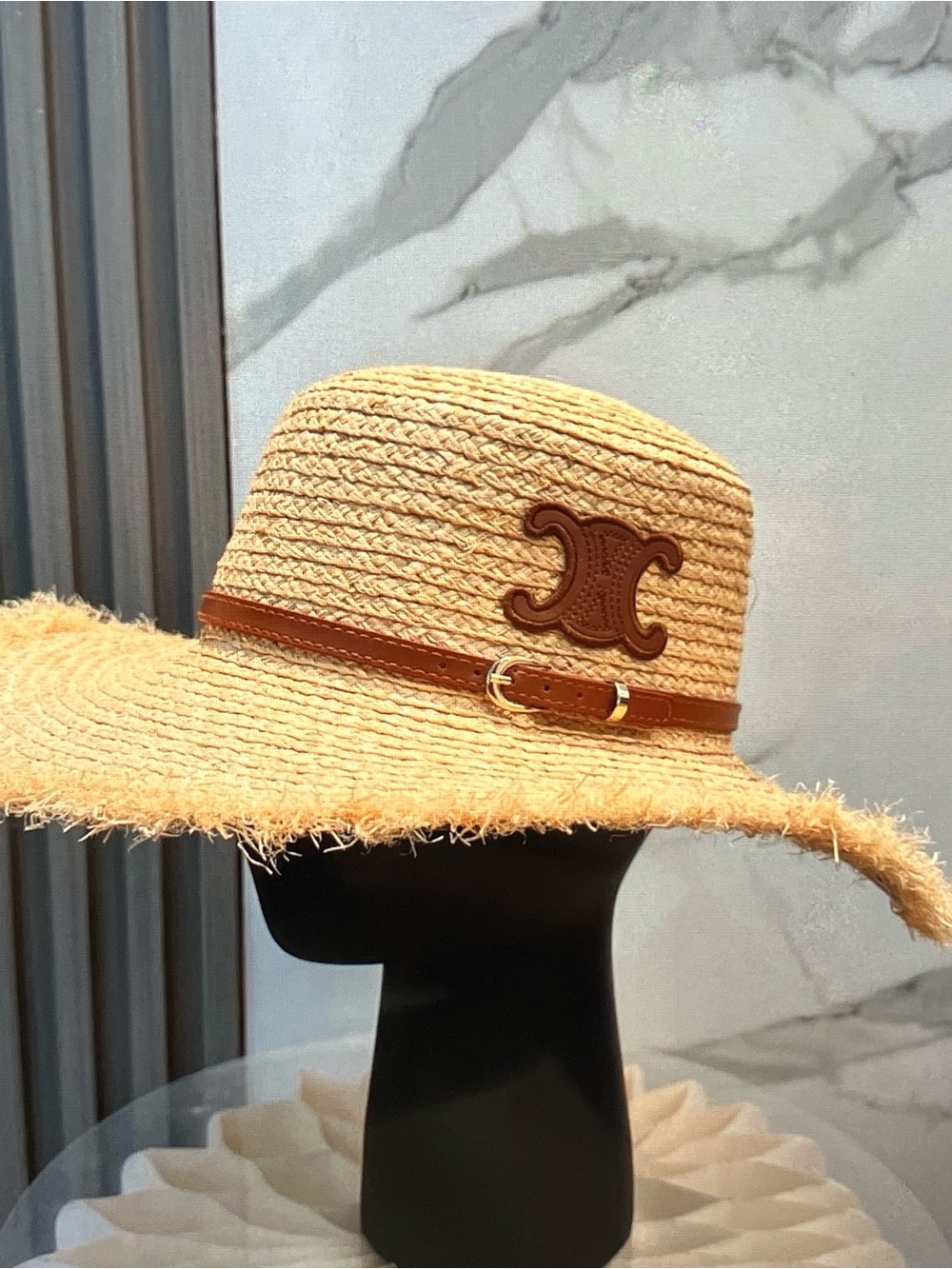Celine Beige Straw Sun Hat with Brown Leather Trim